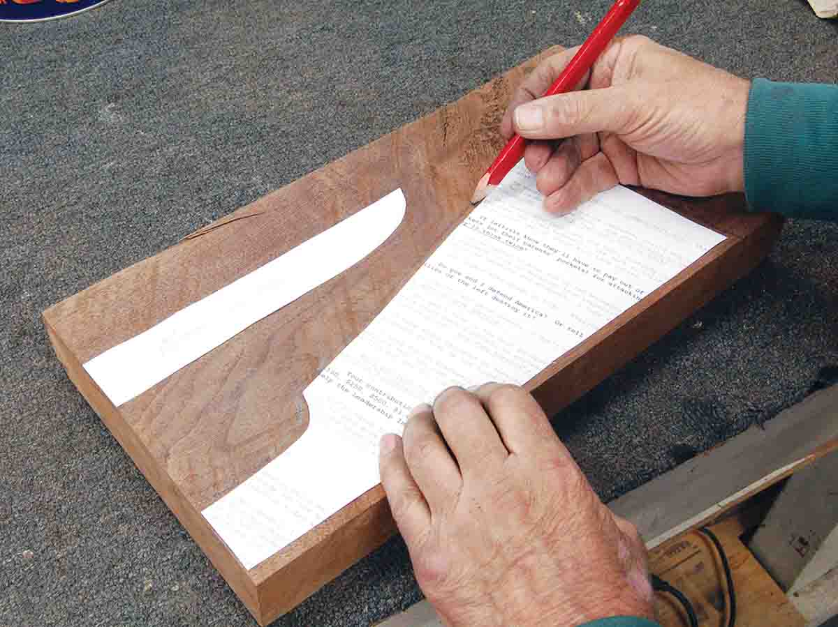 To make a replacement stock, templates are traced on a piece of walnut. Cut the blanks on a band saw.